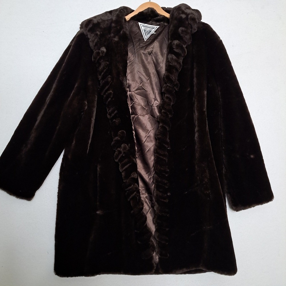 Marvin Richards Faux Fur Coat Brown Hooded Ruffle Trim Mid Length Winter Glamour